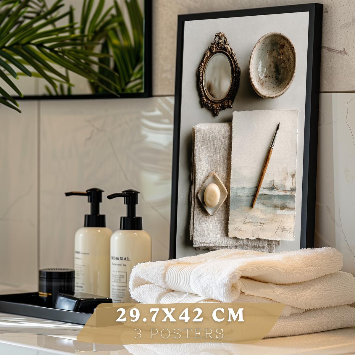 POSTER 3er-Set moderne Badezimmer-Wandposter, Entspannungsposter im Spa-Stil WC mit Steinen, Kerzen und Salzen, Zen-Dekoration Schwarzer Rahmen A3 - Schwarz, Papier (42/29.7/3cm) - Nacnic