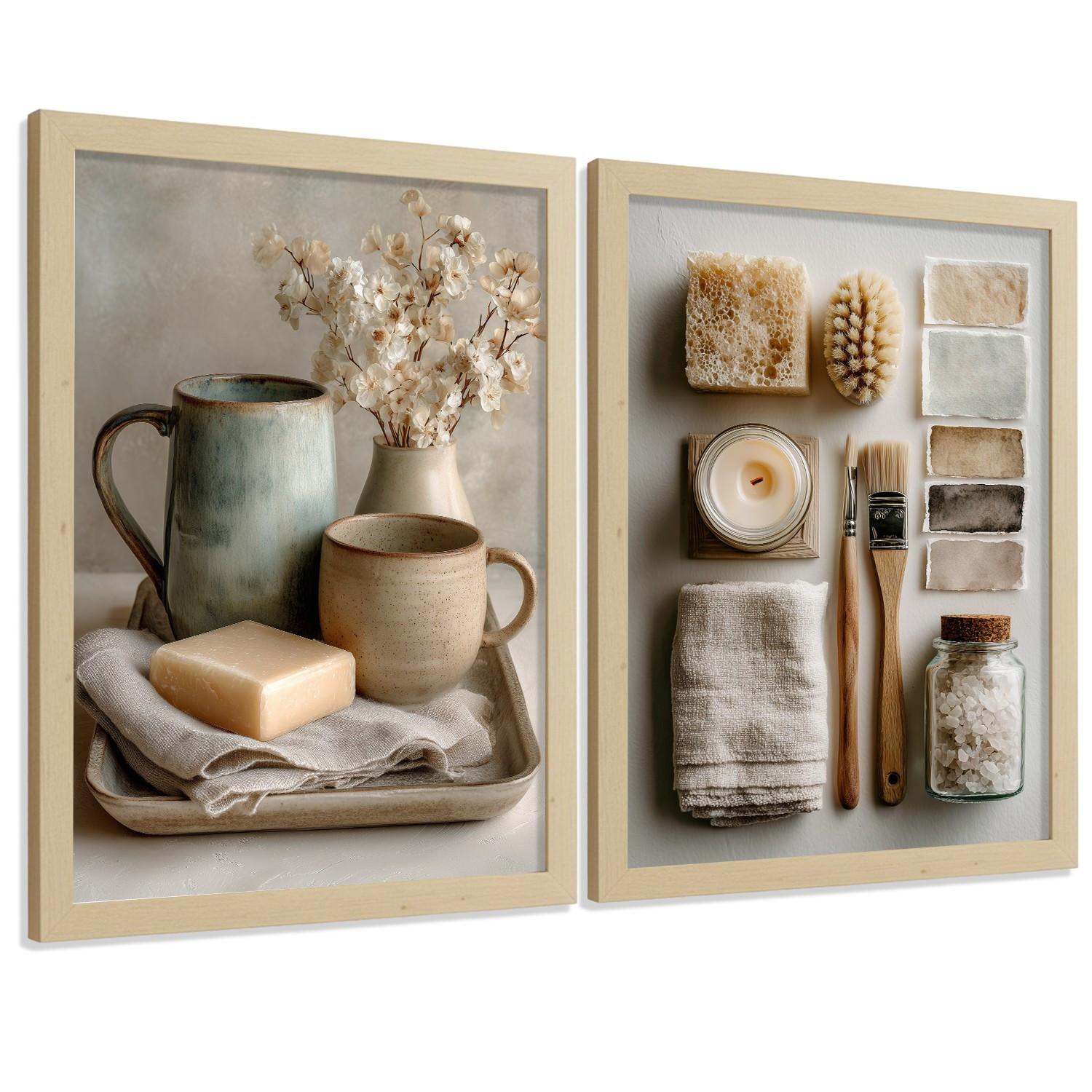 POSTER 2er-Set dekorative Badezimmer-Wandbilder und für Waschbecken, Dusche, WC mit Seifen, Tassen, Blumen künstlerischer Leichter Holzrahmen A4 - Beige, Papier (29.7/21/3cm) - Nacnic