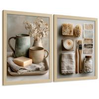 POSTER 2er-Set dekorative Badezimmer-Wandbilder und für Waschbecken, Dusche, WC mit Seifen, Tassen, Blumen künstlerischer Leichter Holzrahmen A4 - Beige, Papier (29.7/21/3cm) - Nacnic