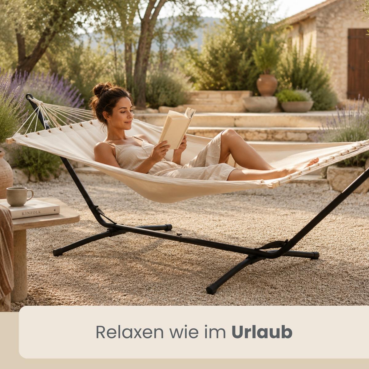 XL HÄNGEMATTE mit Gestell 310/100 cm, Beige/Schwarz - Schwarz, Metall (100/96/310cm) - Amanka