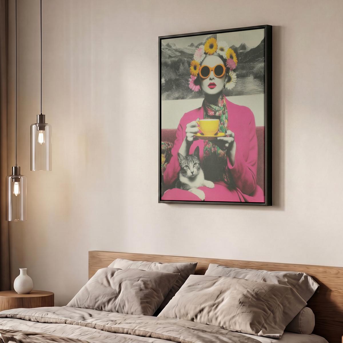 LEINWAND Bilder mit Rahmen - Frau - Katze - Blumen - Tasse - Retro - 60x80 - Magenta, Textil (60/80cm) - MuchoWow
