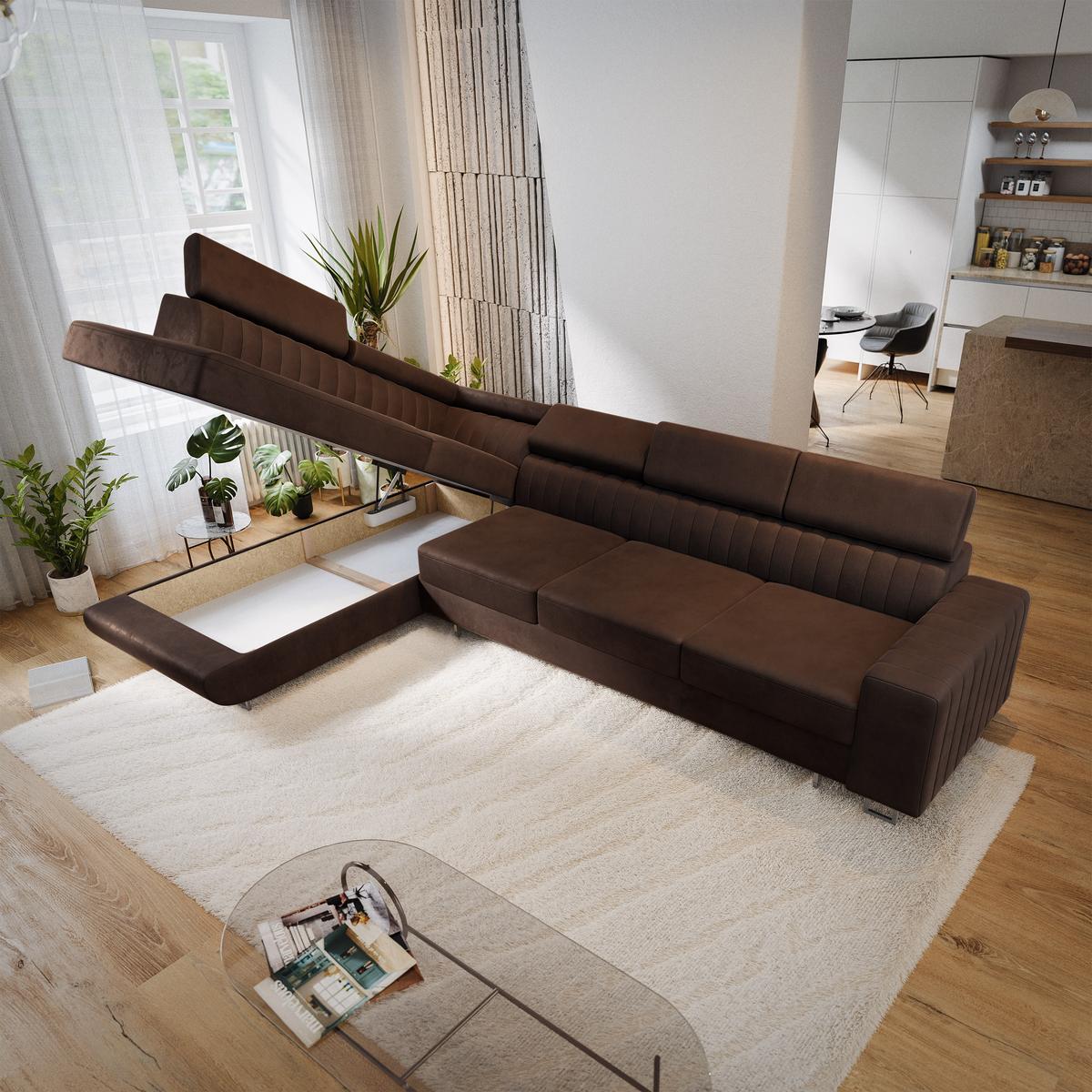 ECKSOFA HESTION Braun Velours-Stoff mit Schlaffunktion - Braun, Holz (332/190cm) - MASSENO