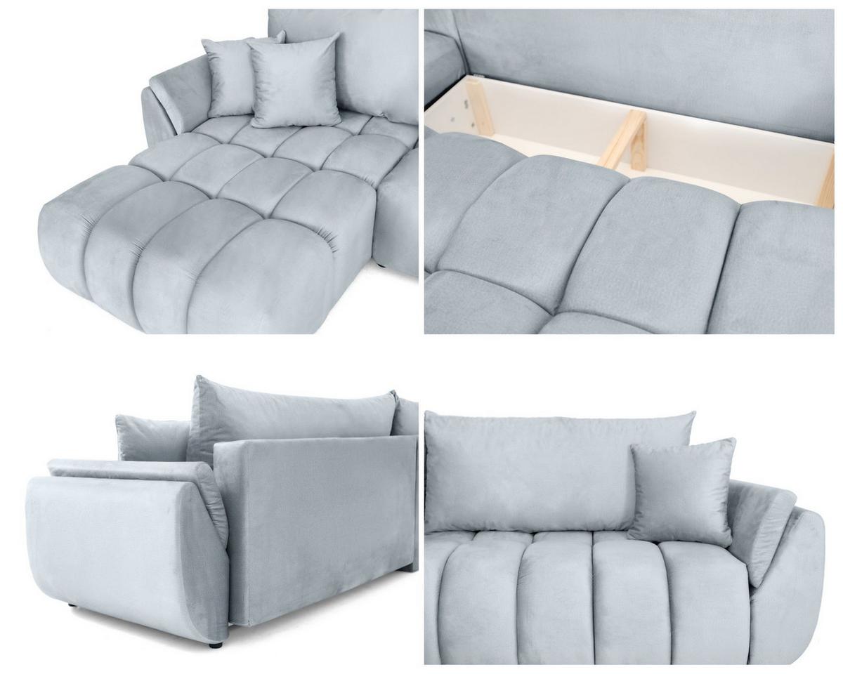 ECKSOFA Iris mit Schlaffunktion und Bettkasten, links oder rechts montierbar – Hellgrau Samt 280/184/85 cm - Hellgrau/Schwarz, Kunststoff/Textil (280/184cm) - WFL GROUP