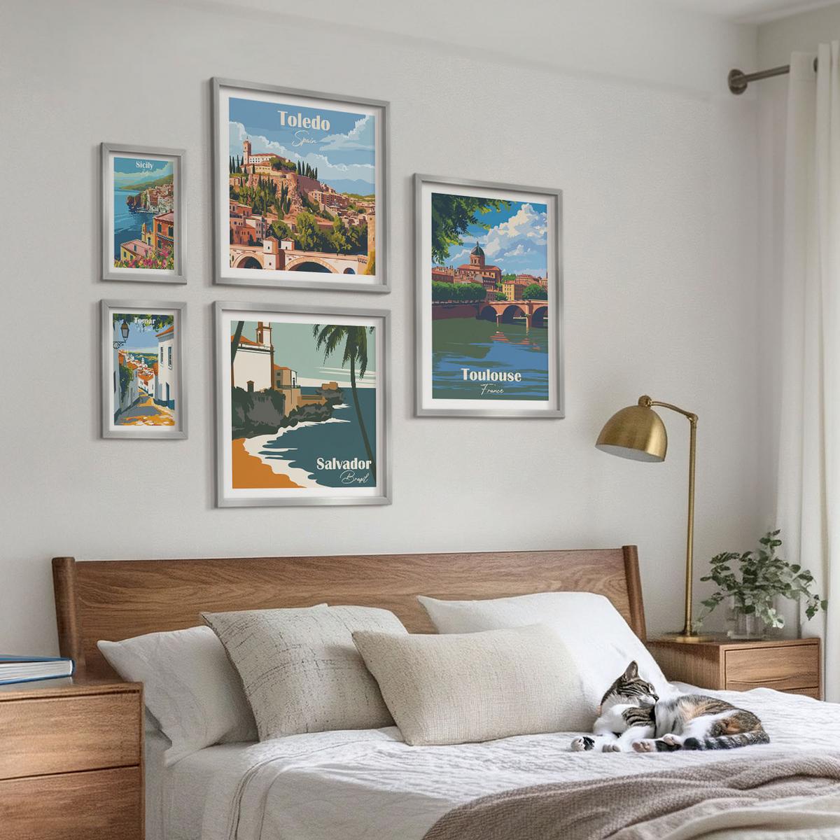 BILDER SET 5er Set - 50x50 cm & 20x30 cm & 40x60 cm Silberner Rahmen - Illustrationen zur Retro-Architektur der Berge - Silberfarben, Kunststoff (40/60cm) - TULUP