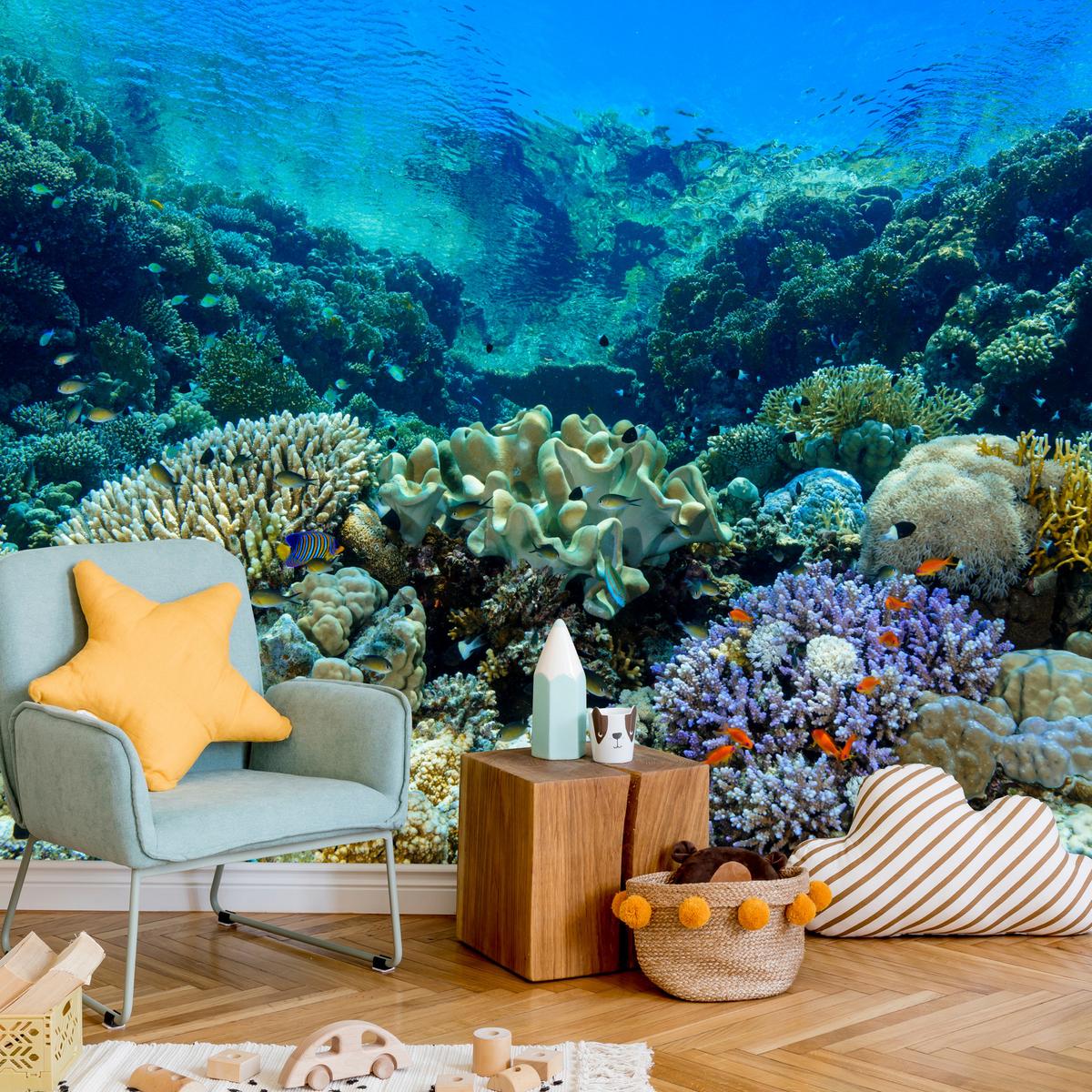 FOTOTAPETE Unterwasserwelt Korallenriff Bunte Fische Meer Natur 300x210 - Türkis/Gelb, Papier (300/210cm) - Muralo