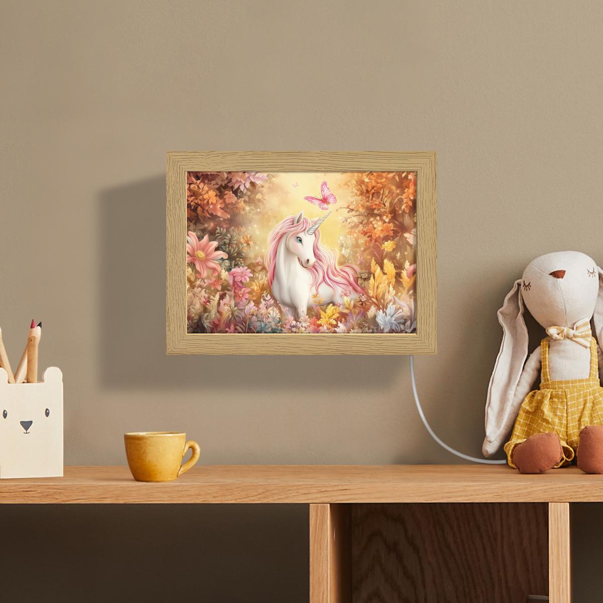 WANDLEUCHTE Einhorn - Blumen - Schmetterling - Rosa 20x15 cm - Beige, Holzwerkstoff (20/15/8cm) - OnlyWow