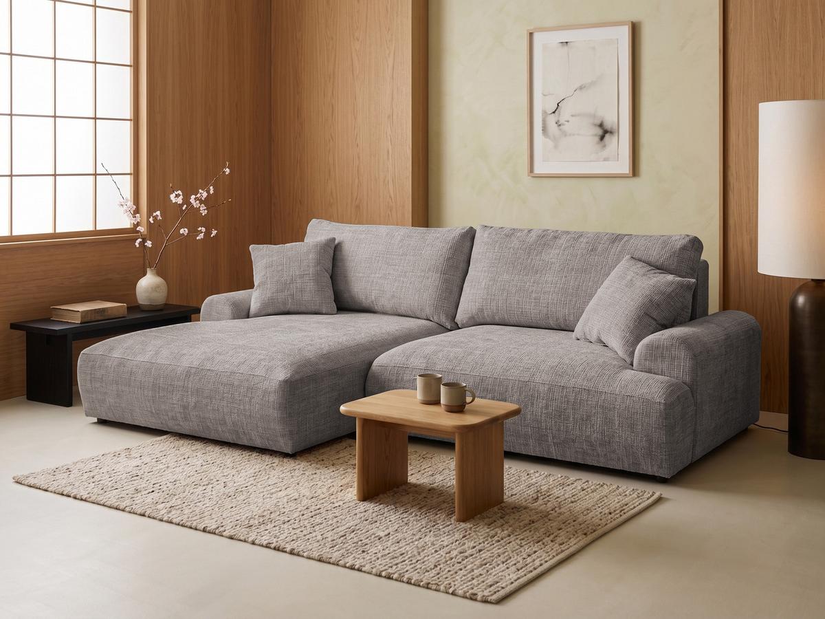 ECKSOFA Melvano mit Schlaffunktion und Bettkasten im Japandi-Stil aus weichem Taupe Chenille-Stoff - Taupe/Schwarz, Holz/Kunststoff (145/240cm) - S-Style
