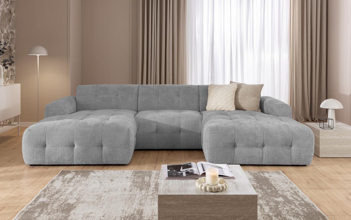 WOHNLANDSCHAFT in U-Form mit raffinierten Steppungen, 6-Sitzer, Wellenunterfederung, B323/T161/H79 cm, Chenille-Bezug in Hellgrau / 21051 - Hellgrau/Schwarz, Kunststoff/Textil (323/79/161cm) - luma-home