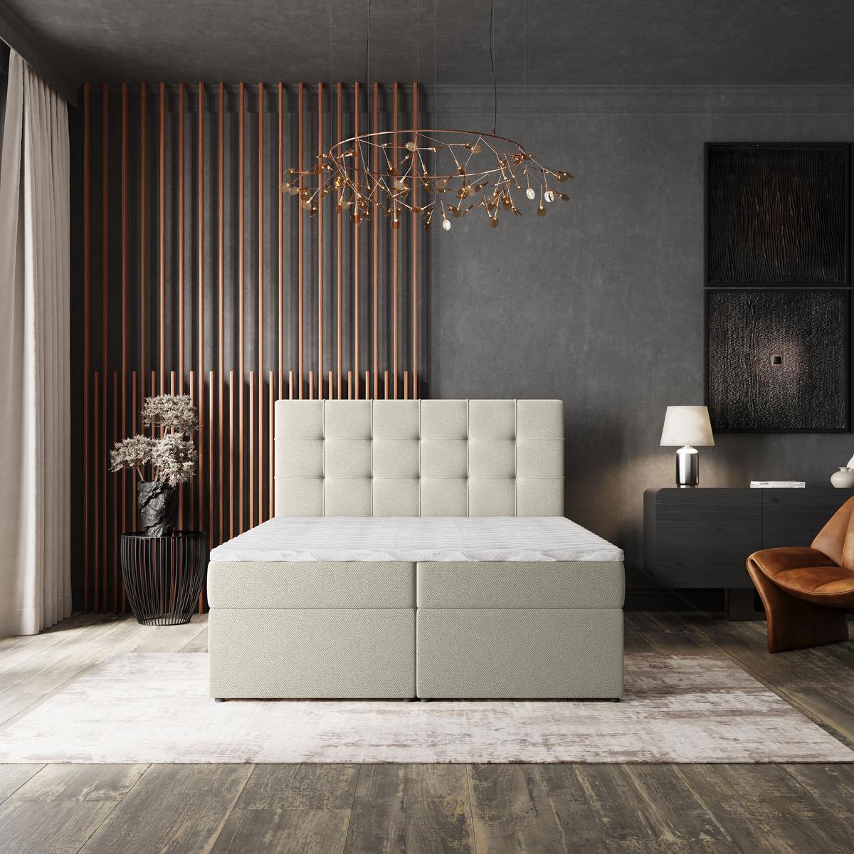 BOXBETT PALMA 180x200 cm mit Matratze und Topper, H2+H3 - Creme - Creme, Holz (180/200cm) - MASSENO
