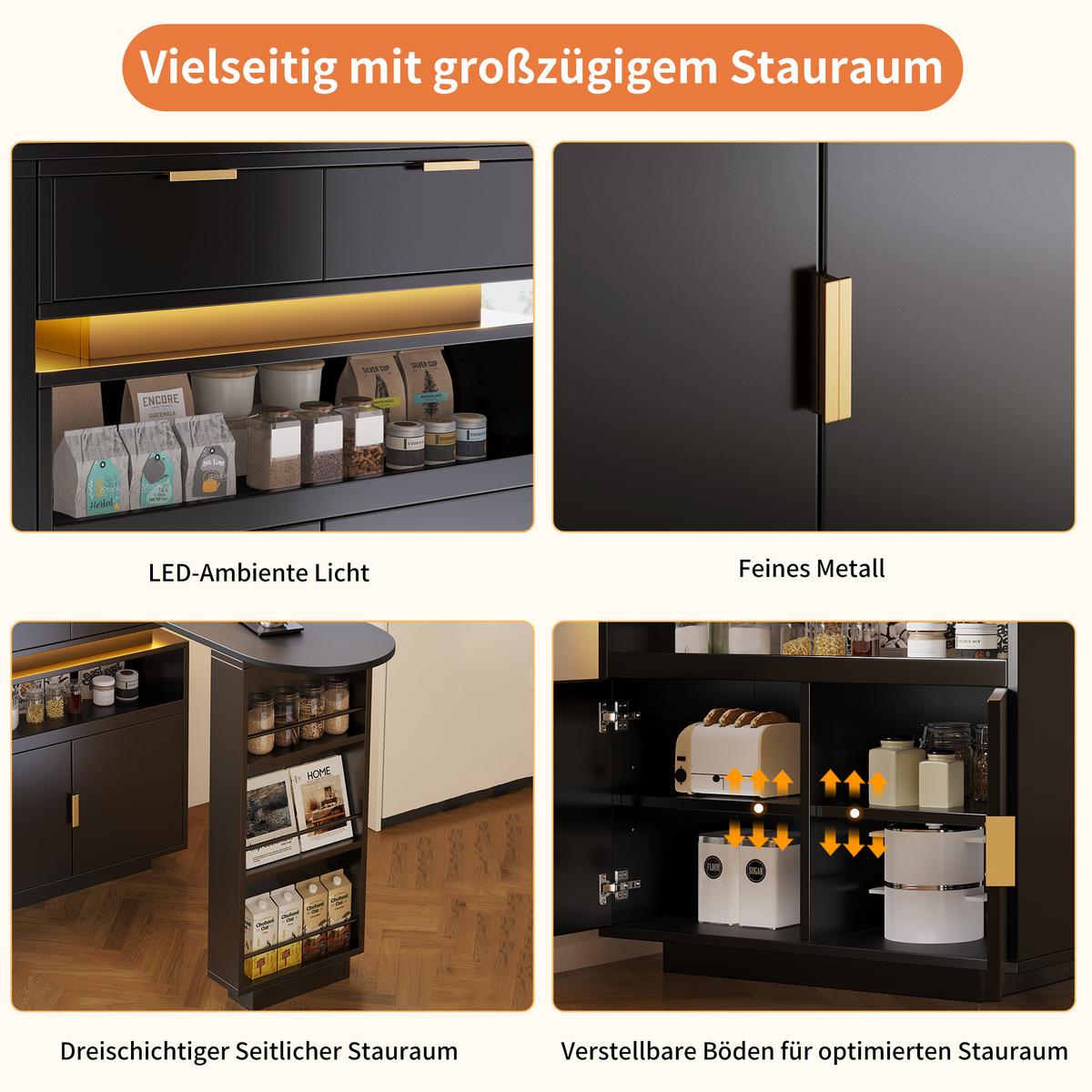 BARTISCH mit küchenbuffet in schwarz, 360° drehbar & led-beleuchtung - Schwarz, Holzwerkstoff (40/183/90cm) - Urban Meuble