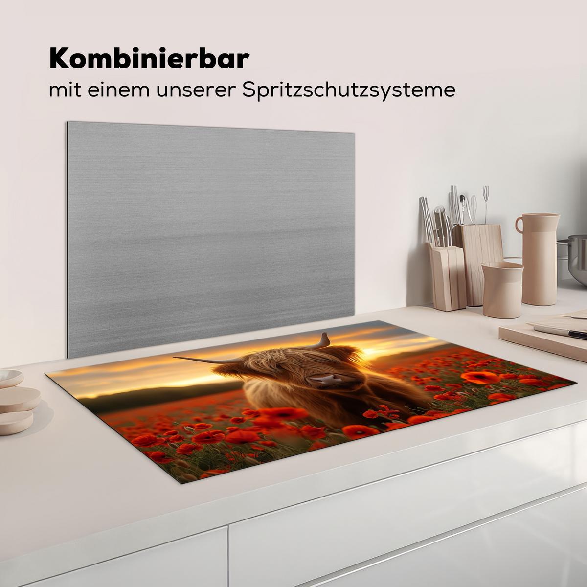 HERDABDECKPLATTE Schottische Highlander - Rosen - Blumenfeld - Sonnenuntergang Ceranfeldabdeckung 90x52 cm - Rotbraun, Kunststoff (90/52/0.2cm) - MuchoWow