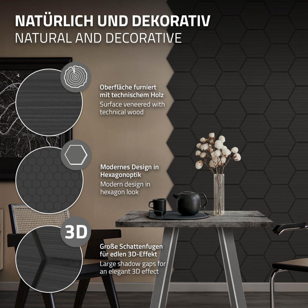 AKUSTIKPANEEL 2er Set Schallschutzplatten Hexagon Schwarz Holzoptik 66x81x2 cm aus Filz - Schwarz, Holzwerkstoff (2.1/81.1/66.6cm) - ML-DESIGN