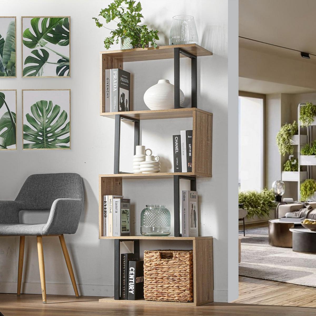 BÜCHERREGAL mit 4 Ebenen, Holzdekor und Metallständern - H148cm - Eschefarben, Holzwerkstoff (30/147.5/37cm) - Calicosy