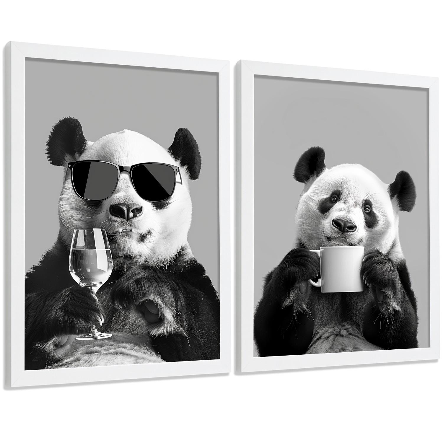 POSTER 2er Set Lustige Panda-Wandbilder Schwarz Weiß Tier Weinglas und Kaffeetasse Küche Wanddeko Rahmenlos A3 - Weiß, Papier (29.7/1/42cm) - Nacnic