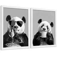 POSTER 2er Set Lustige Panda-Wandbilder Schwarz Weiß Tier Weinglas und Kaffeetasse Küche Wanddeko Rahmenlos A3 - Weiß, Papier (29.7/1/42cm) - Nacnic