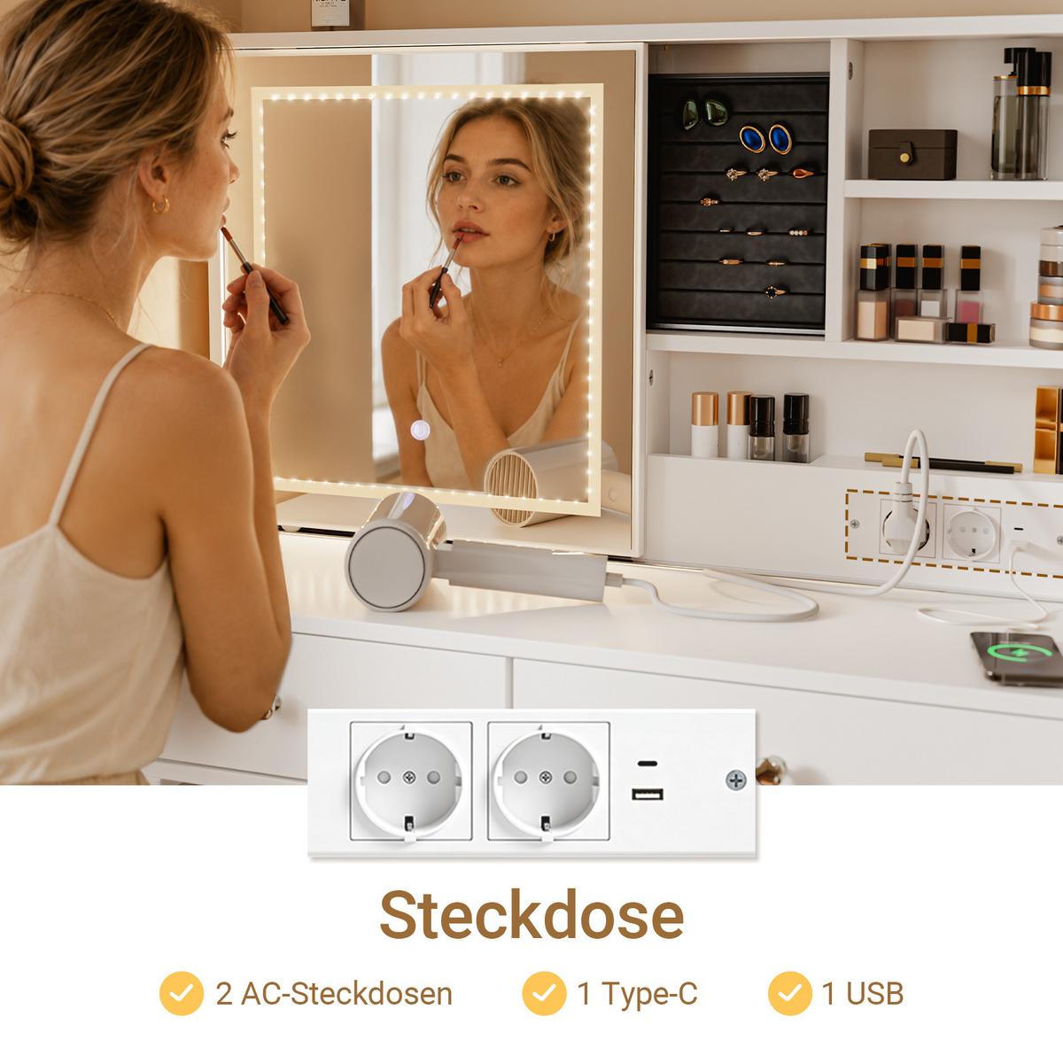 SCHMINKTISCH mit Spiegel (3 einstellbaren Lichtfarben) und Hocker 120x40x127cm - Weiß, Holzwerkstoff (120/127/40cm) - SoBuy