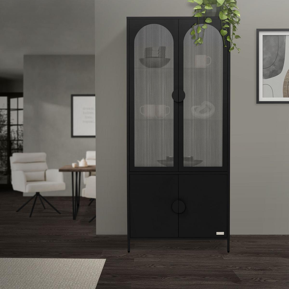 VITRINENSCHRANK 80x185x40 cm Schwarz aus Stahl mit 4 Türen - Schwarz, Metall (80/185/40cm) - ML-DESIGN