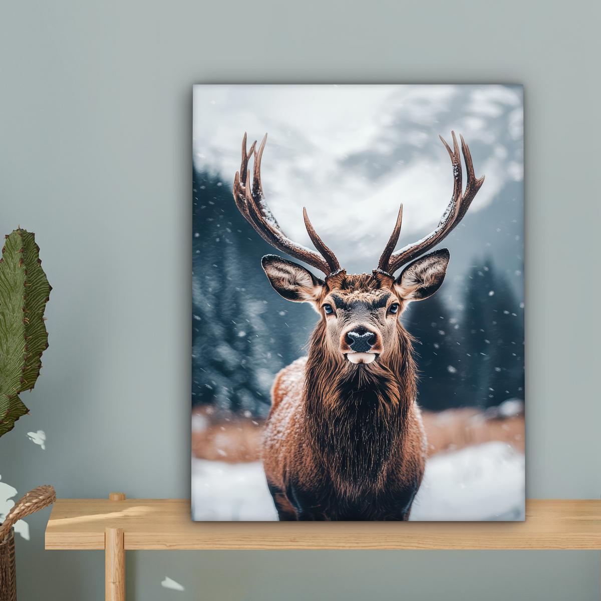 LEINWANDBILD Hirsche - Tiere - Landschaft - Winter - Schnee Room Decor 30x40 cm - Kastanienfarben, Textil (30/40cm) - MuchoWow