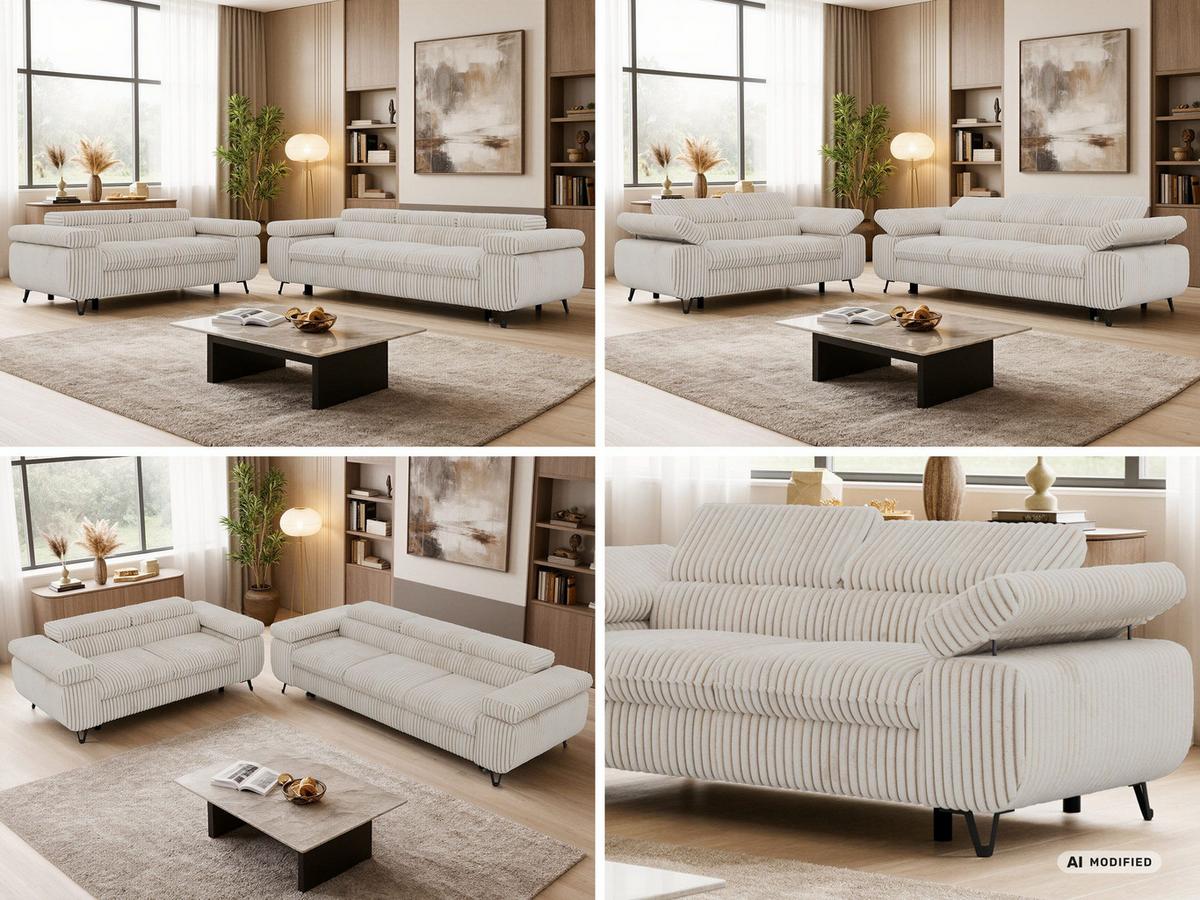 SITZGARNITUR PETERS 2+3 - Beige Cord - Beige/Creme, Textil/Metall (262/76/99cm) - MKS