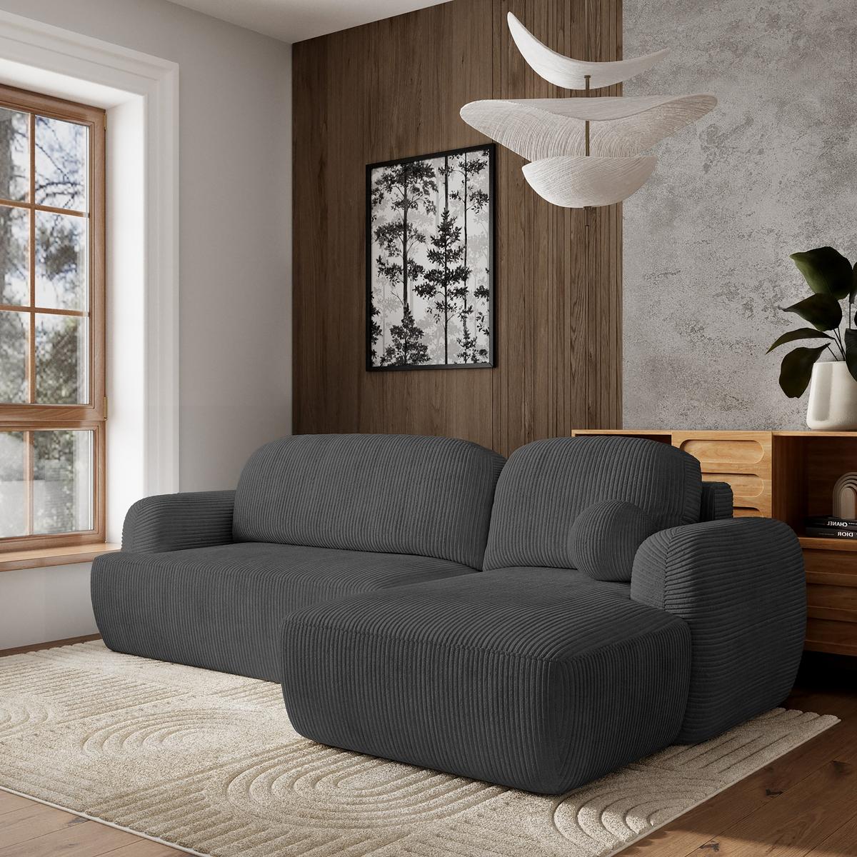 ECKSOFA MODENZA P R-S Graphitfarben Kordstoff mit Schlaffunktion - Graphitfarben/Schwarz, Holz/Kunststoff (266/148cm) - MASSENO