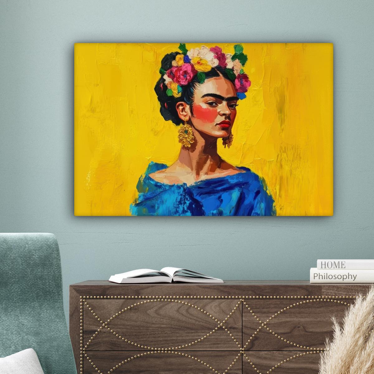 LEINWANDBILD Frida Kahlo - Frau - Gelb - Blau - Blumen Wanddeko 90x60 cm - Gelb, Textil (90/60cm) - MuchoWow