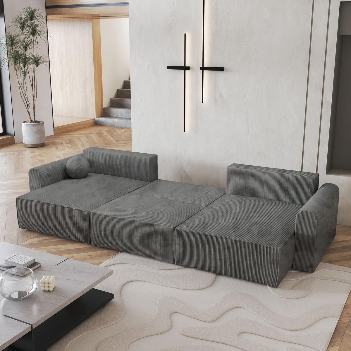 WOHNLANDSCHAFT FENTO P Grau Kordstoff mit Schlaffunktion - Grau, Holz/Kunststoff (347/90/148cm) - MASSENO