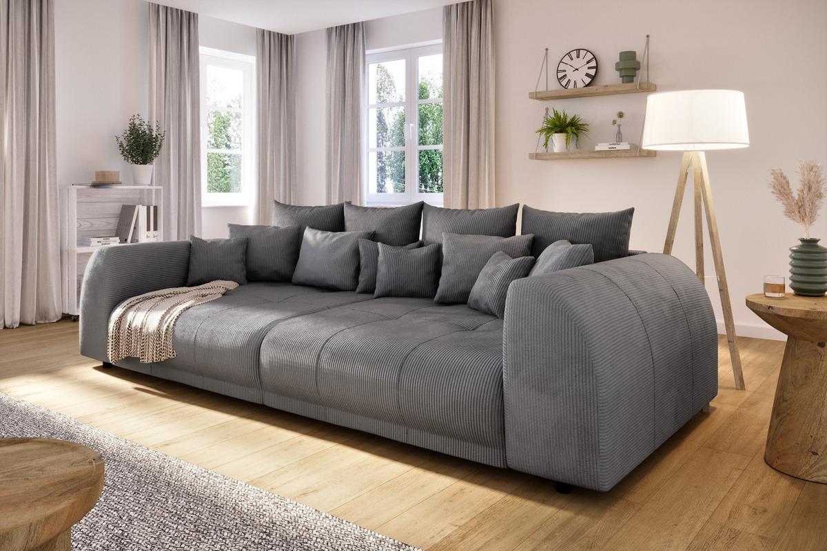 BIGSOFA Levana 5 Sitzer Grau Cord-Stoff - Schwarz/Grau, Holz/Kunststoff (310/86/135cm) - S-Style Möbel