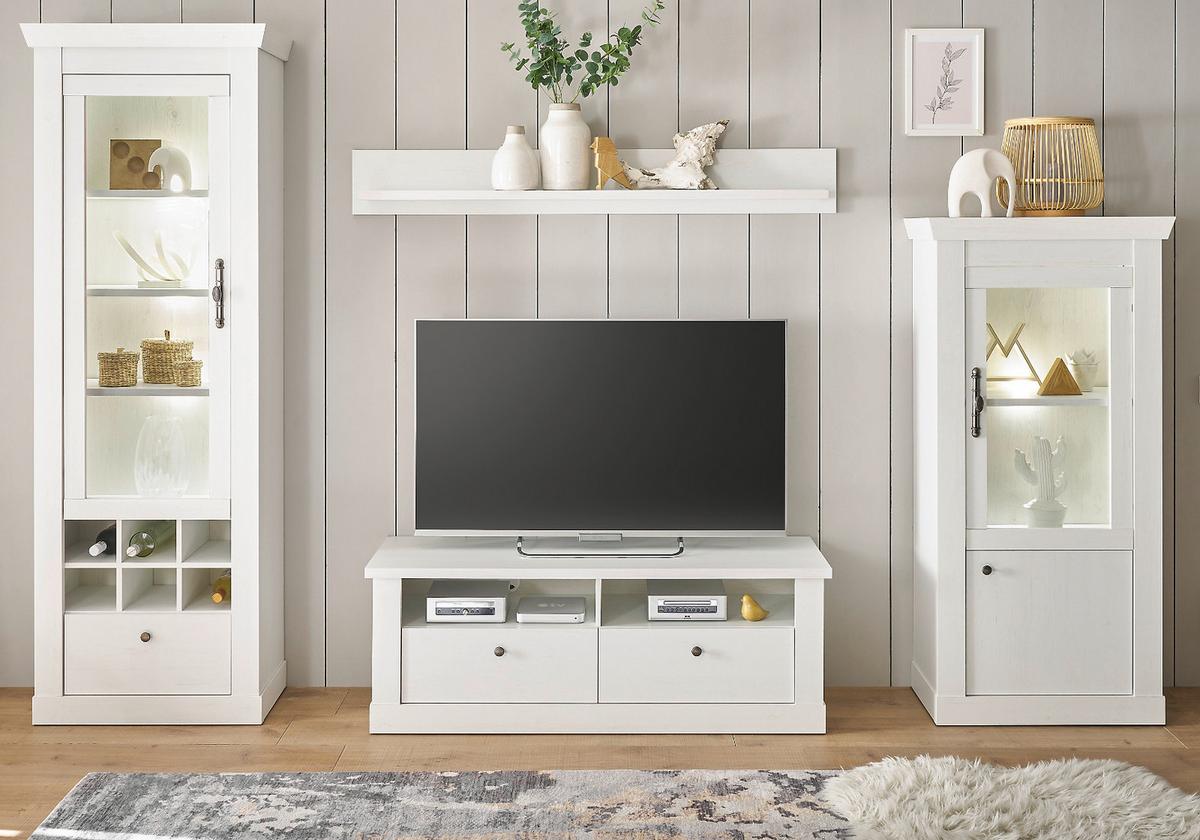 WOHNWAND weiß Pinie Landhaus, Wohnkombination 4-teilig, Soft-Close-Funktion - Weiß, Holzwerkstoff/Kunststoff (299/201/45cm) - Furn.Design