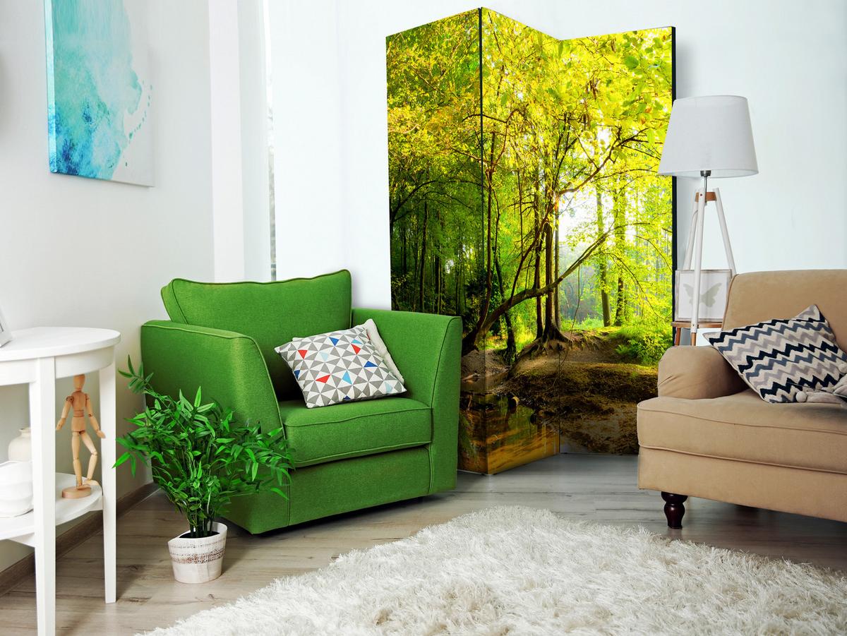 PARAVENT Einseitig Bedruckter 3-tlg 135x172 cm Fluss im Wald - Grün, Holz/Textil (135/172/3cm) - Muralo