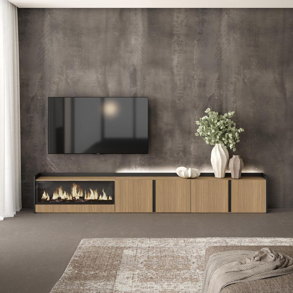 LOWBOARD, Eiche und Schwarz, 315/35/50cm, Elektrokamin XXL, Led - Eichefarben, Holzwerkstoff (315/50/35cm) - Skraut Home