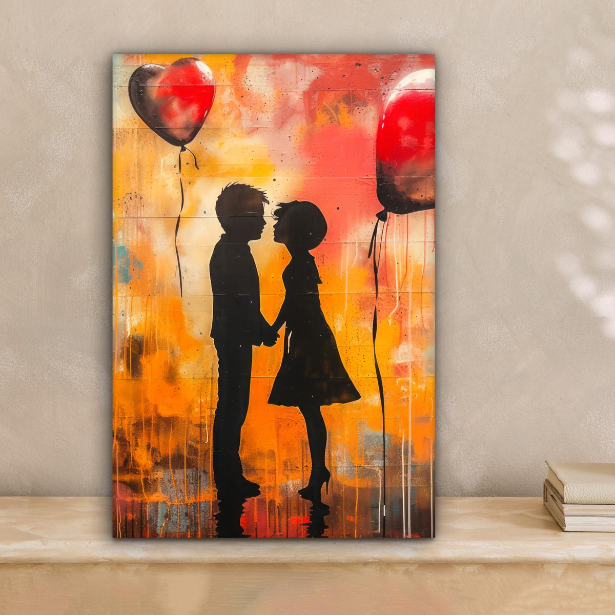LEINWANDBILD Straßenkunst - Liebe - Graffiti - Kunst - Banksy Deko Wohnzimmer 20x30 cm - Orange, Textil (20/30cm) - MuchoWow