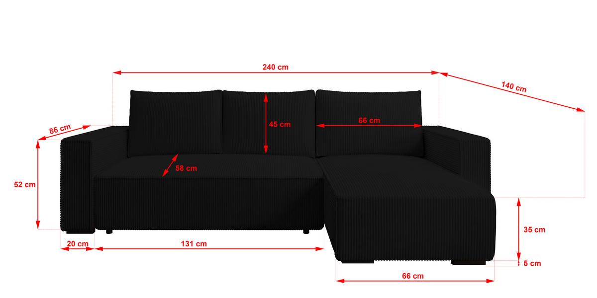 ECKSOFA CUDDY L, Eckcouch in L-Form mit Schlaffunktion und Bettkasten, Farbe: Schwarz, Cordstoff, Ottomane Rechts - Schwarz, Textil (240/140cm) - Storez24