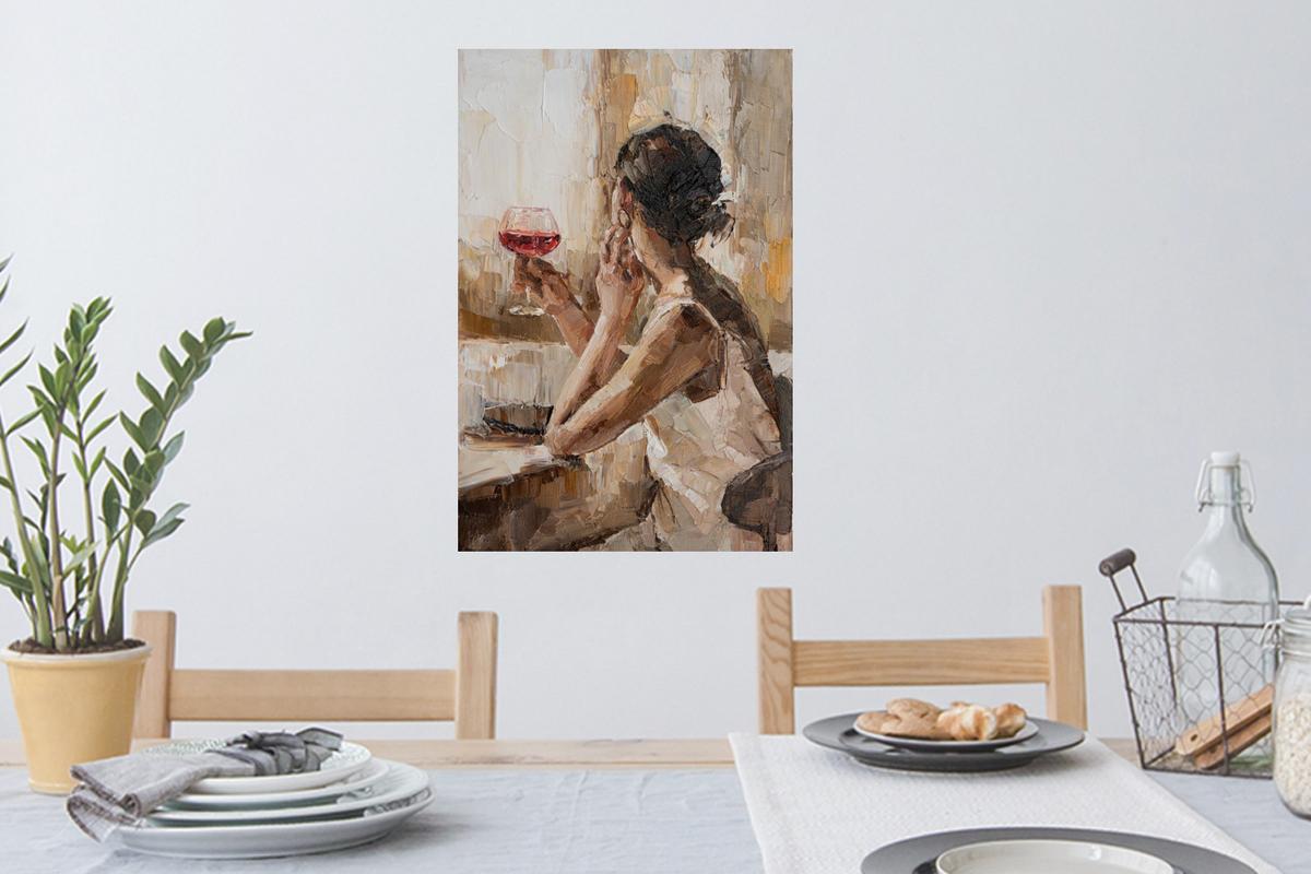 WANDTATTOO Ölgemälde - Frau - Wein Wandbild 40x60 cm - Hellbraun, Kunststoff (40/60/0.1cm) - MuchoWow