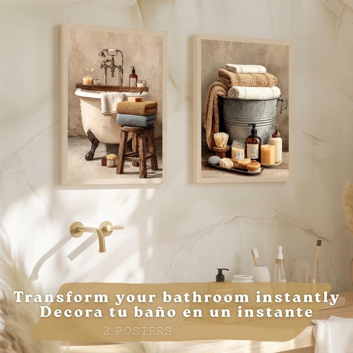 POSTER 2er-Set dekorative Badezimmerdrucke, rustikaler Stil, Vintage-Spa-Bilder mit Handtüchern und Badewanne,, Wohndekoration Rahmenlos A3 - Klar, Papier (42/29.7/3cm) - Nacnic