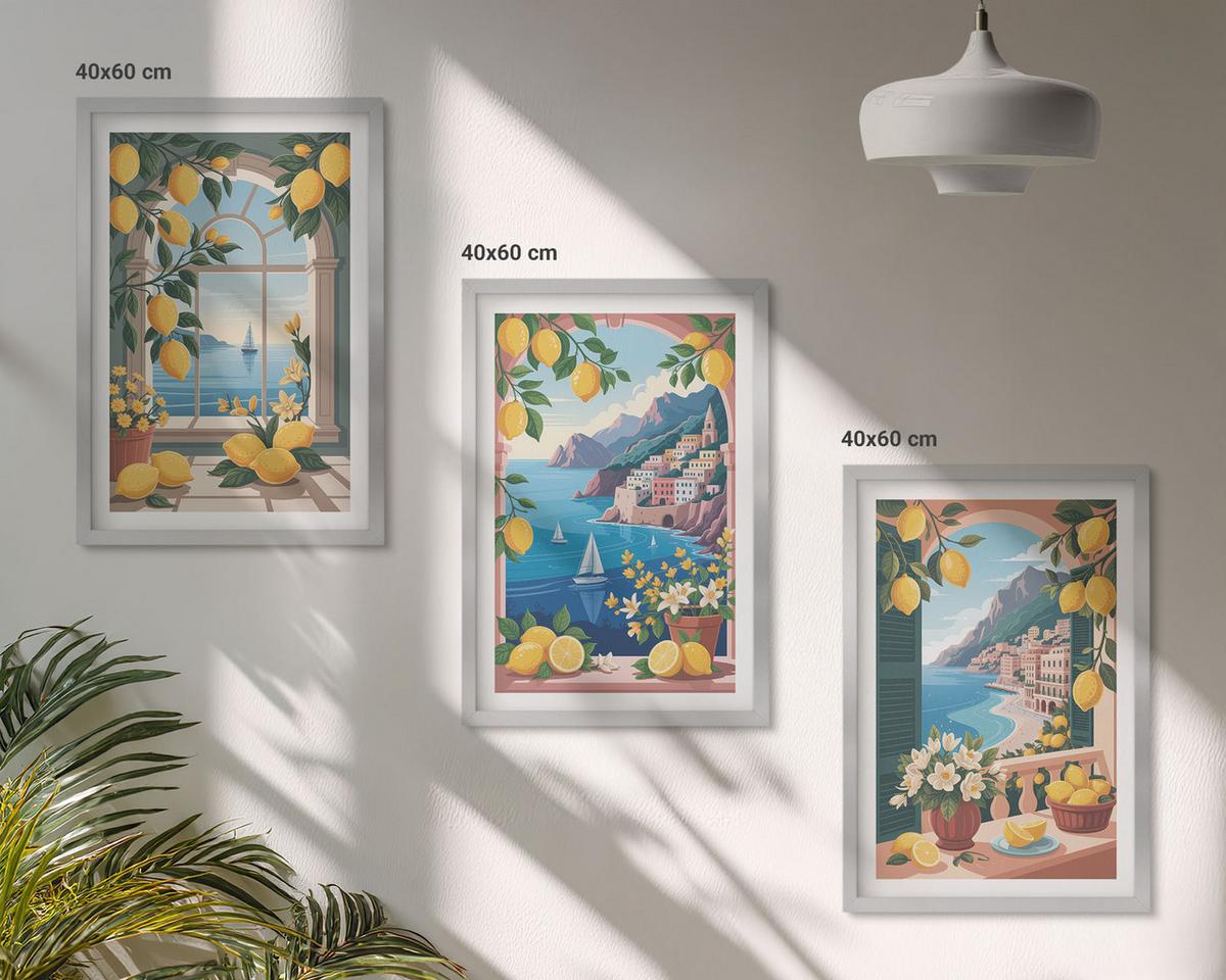 BILDER SET 3er Set - 40x60 cm Silberner Rahmen - Meerblick, italienische Zitronen - Silberfarben, Kunststoff (40/60cm) - TULUP