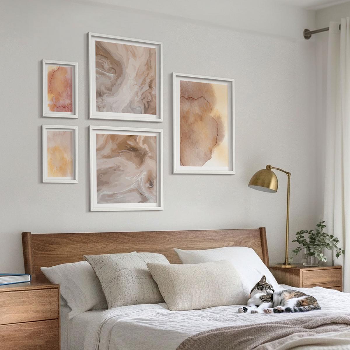 BILDER SET 5er Set - 50x50 cm & 20x30 cm & 40x60 cm Weißer Rahmen - Warme Aquarellfarben auf Leinwand - Weiß, Kunststoff (40/60cm) - TULUP