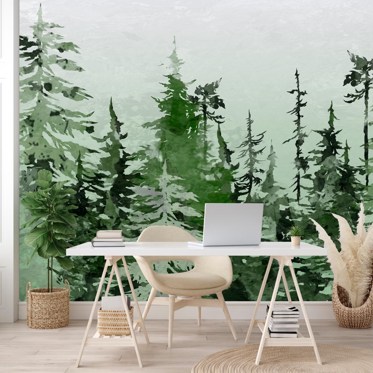 FOTOTAPETE für Schlafzimmer Grüner Nadelwald Aquarell Bäume Natur Landschaft 100x70 - Weiß/Grau, Papier (100/70cm) - Muralo