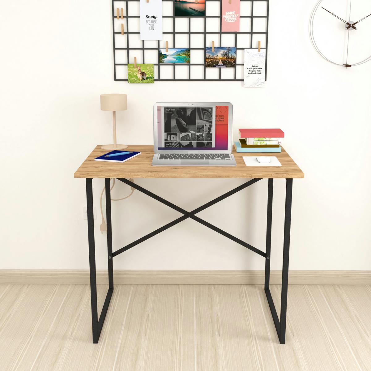 SCHREIBTISCH Tjeldsund - Eichefarben/Schwarz, Holzwerkstoff/Metall (60/90/74cm) - [en.casa]