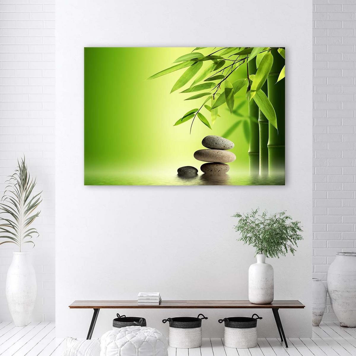 BILD Zen Steine und Bambus 100x70cm - Grün, Textil (100/70cm) - Feeby