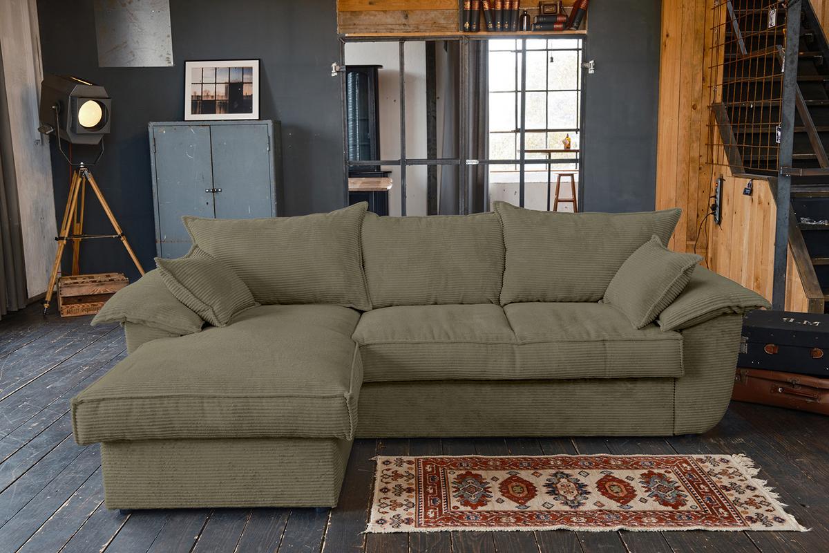 ECKSOFA DAMETO Grün Cord Mit Schlaffunktion - Schwarz/Olivgrün, Kunststoff/Textil (266/174cm) - KAWOLA