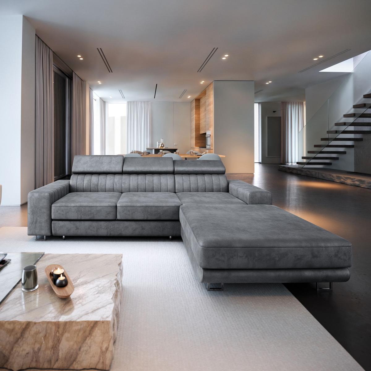 ECKSOFA NOTO L-S Grau Velours-Stoff mit Schlaffunktion - Silberfarben/Grau, Holz/Textil (267/190cm) - MASSENO