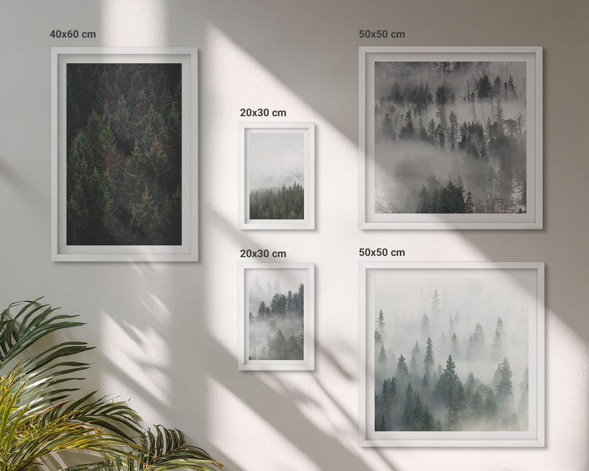 BILDER SET 5er Set - 50x50 cm & 20x30 cm & 40x60 cm Weißer Rahmen - Grüne Wälder, neblige Landschaft - Weiß, Kunststoff (40/60cm) - TULUP