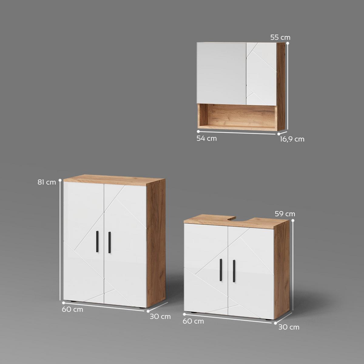 BADMÖBEL-SET Ronco Weiß Hochglanz/Goldkraft Eiche 3 Teile, mit Unterschrank 60 cm - Honigeiche/Weiß Hochglanz, Holzwerkstoff (60/59/30cm) - Livinity®