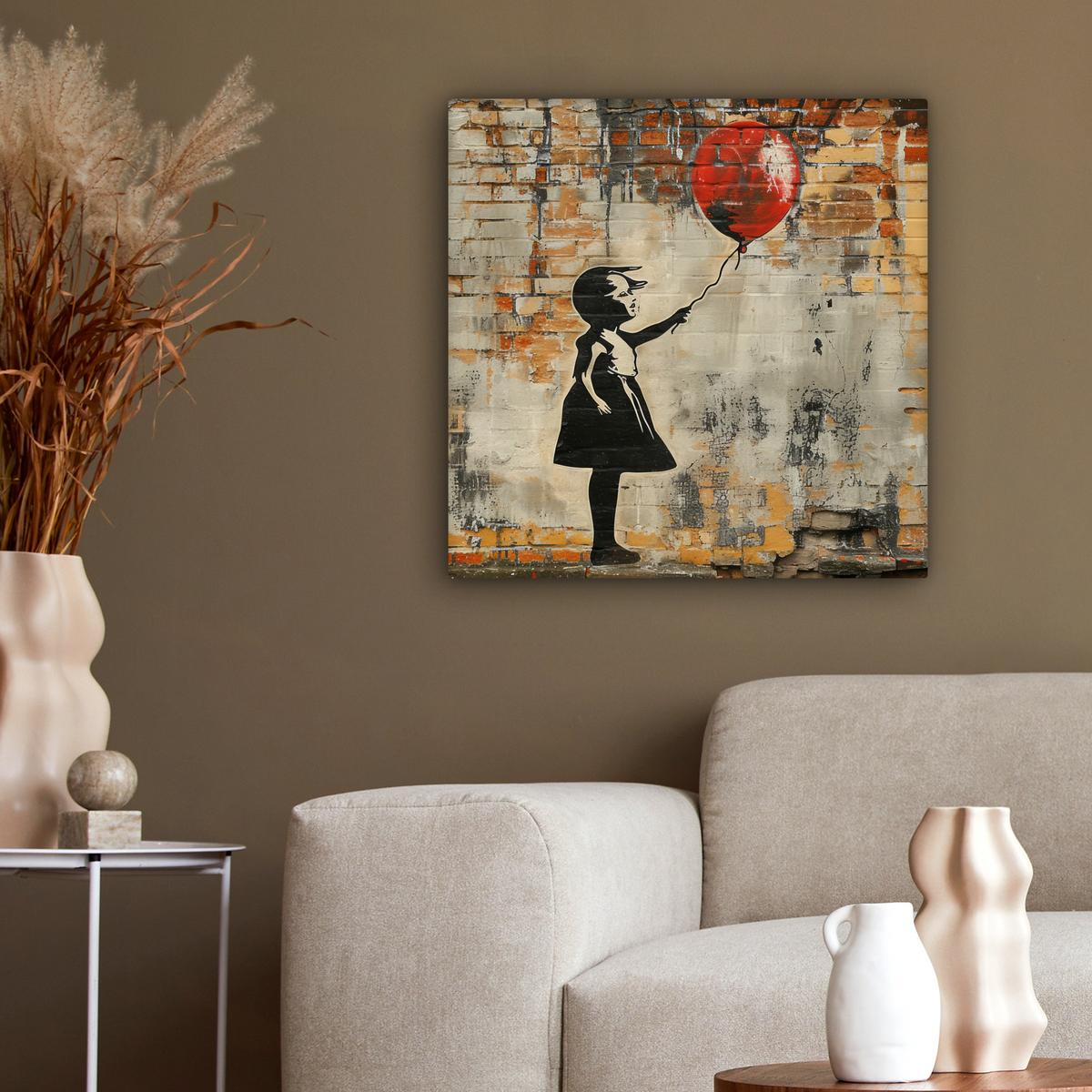 LEINWANDBILD Graffiti - Banksy - Mädchen - Straßenkunst Wandbild Wohnzimmer 50x50 cm - Sandfarben, Textil (50/50cm) - MuchoWow