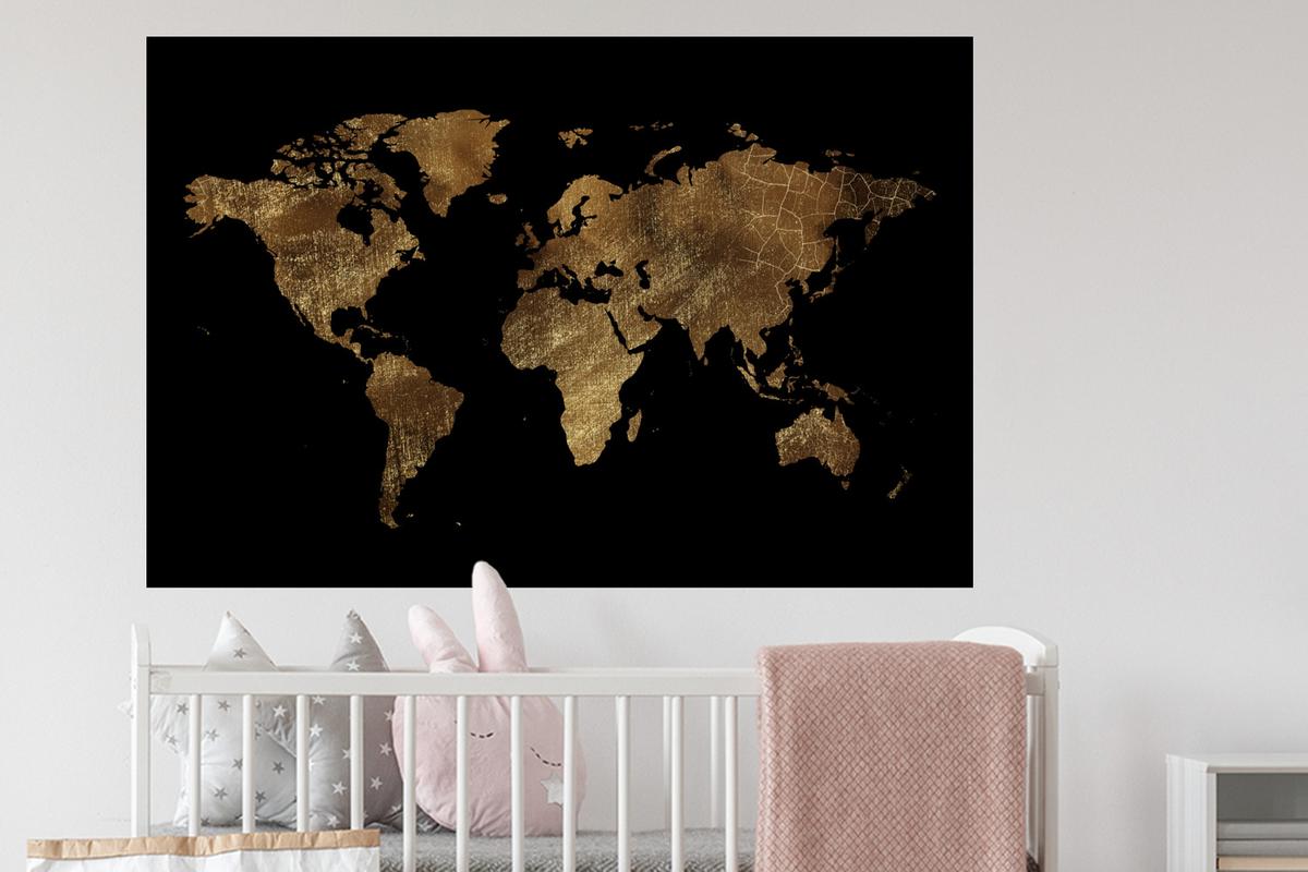 WANDTATTOO Weltkarte - Gold - Luxus - Erde - Schwarz Wandsticker 120x80 cm - Goldfarben, Kunststoff (120/80/0.1cm) - MuchoWow