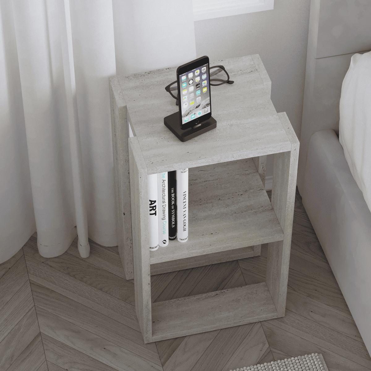 NACHTTISCH mit 2 regalböden, travertin-dekor - lonie 30/30/55 cm - Beige, Holzwerkstoff (30/55/30cm) - Calicosy