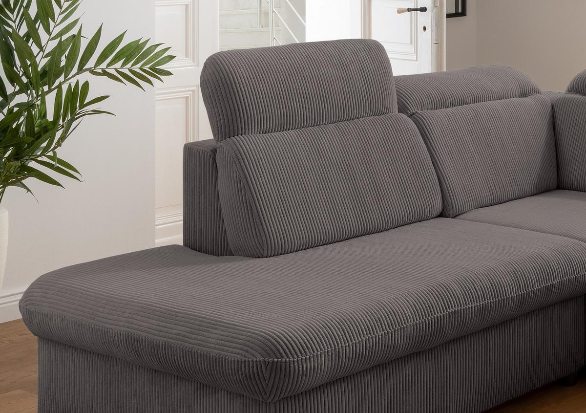 ECKSOFA mit Schlaffunktion, Bettkasten, Kopfstützen verstellbar, Wellenunterfederung, Ottomane links B283/T228/H102 cm, Cord Dunkelgrau / 17219 - Chromfarben/Dunkelgrau, Textil/Metall (283/228cm) - luma-home