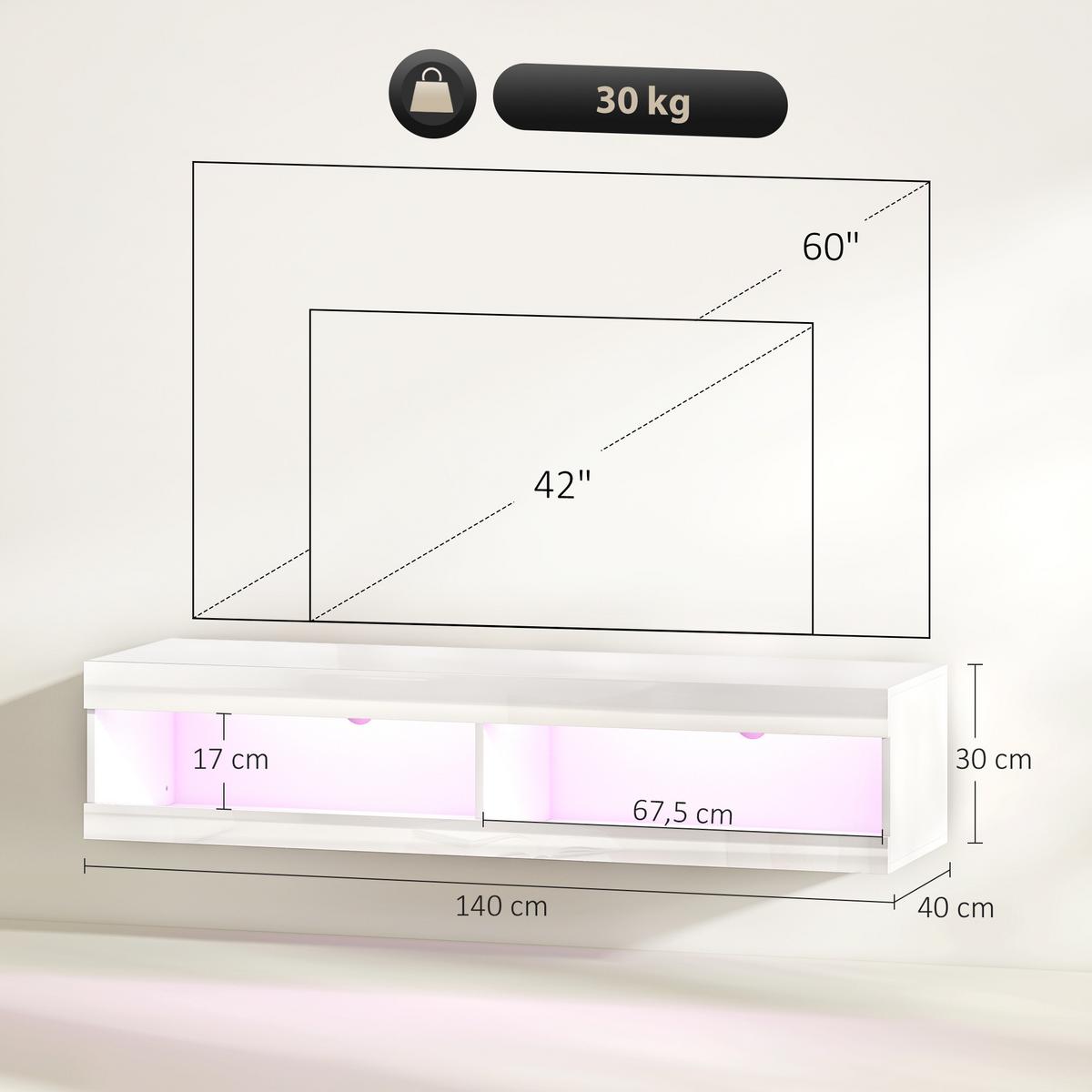 TV Schrank, Hängendes TV Lowboard mit RGB LED-Beleuchtung, offenen Stauraum - Weiß Hochglanz, Holzwerkstoff (40/30/140cm) - HOMCOM