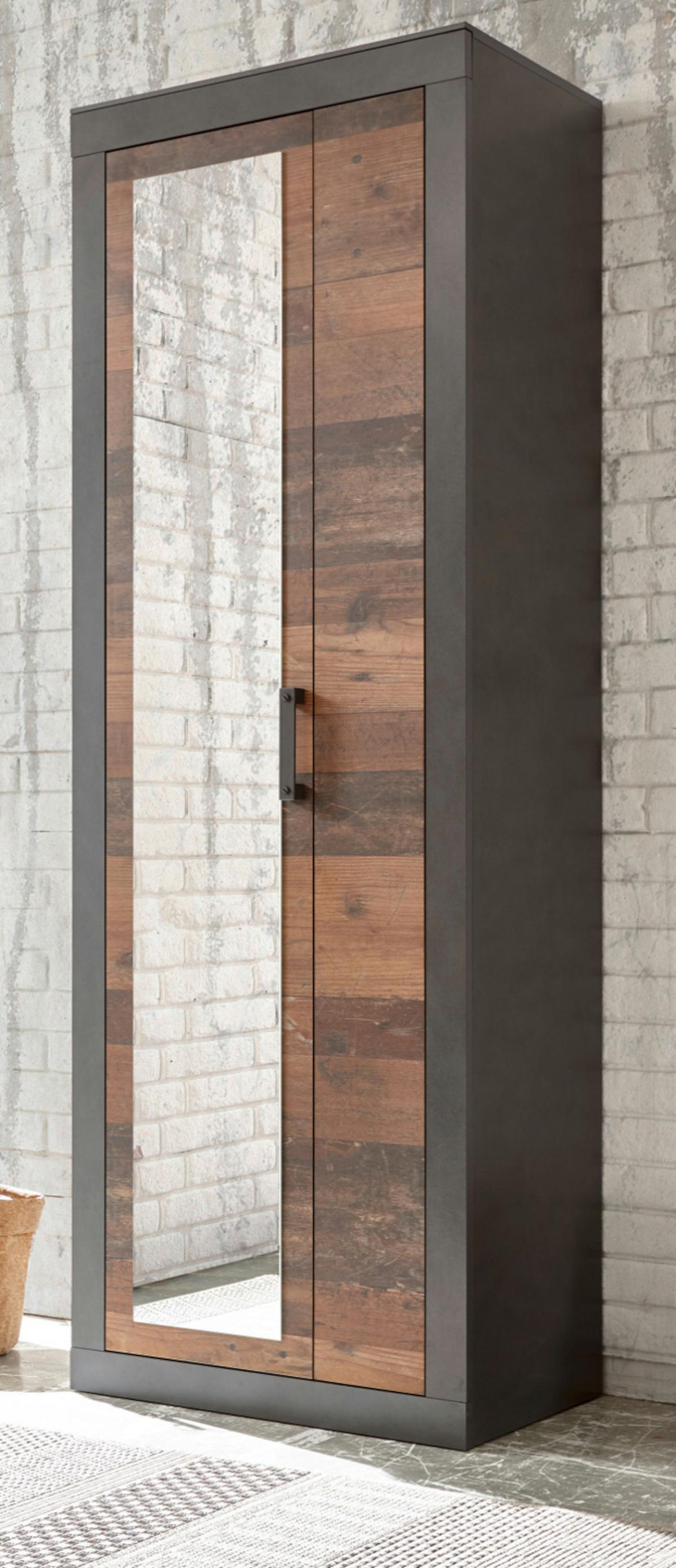 GARDEROBENSCHRANK Used Wood, Matera grau, großer Schuhschrank mit Spiegel - Schwarz/Naturfarben, Glas/Holzwerkstoff (65/201/42cm) - Furn.Design