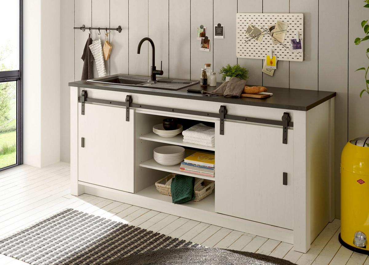 KÜCHEN-SET weiß Pinie, anthrazit Landhaus, Küchenschrank Set 5-teilig mit Kochinsel - Anthrazit/Schwarz, Holzwerkstoff/Metall (201/201/64cm) - Furn.Design